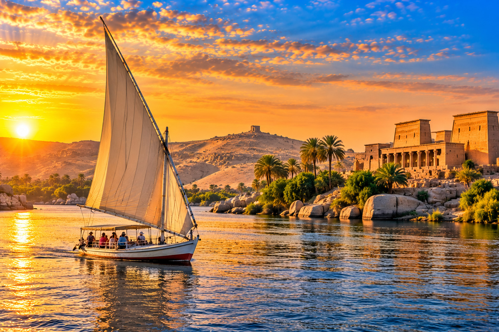 Traditional felucca sailing on the Nile River at Aswan Egypt