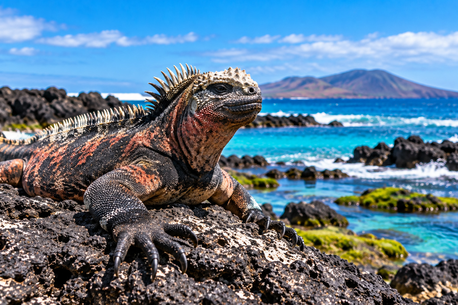 Galapagos marine iguana resting on volcanic rocks