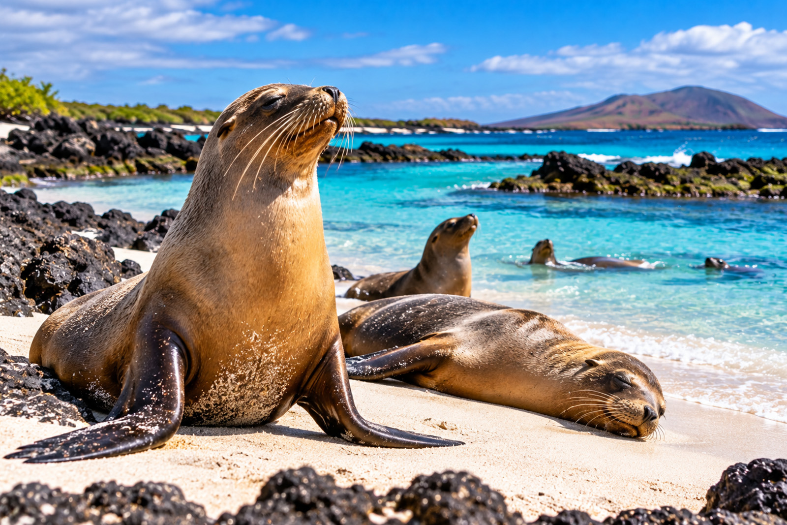 Galapagos sea lions relaxing along the island coastline