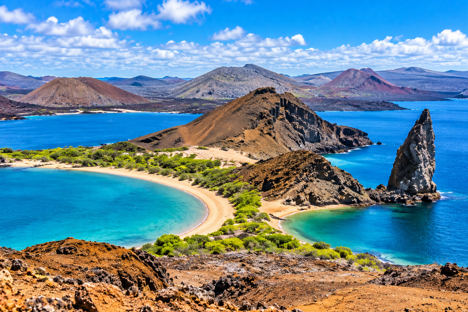 Pinnacle Rock and volcanic landscape on Bartolome Island Galapagos