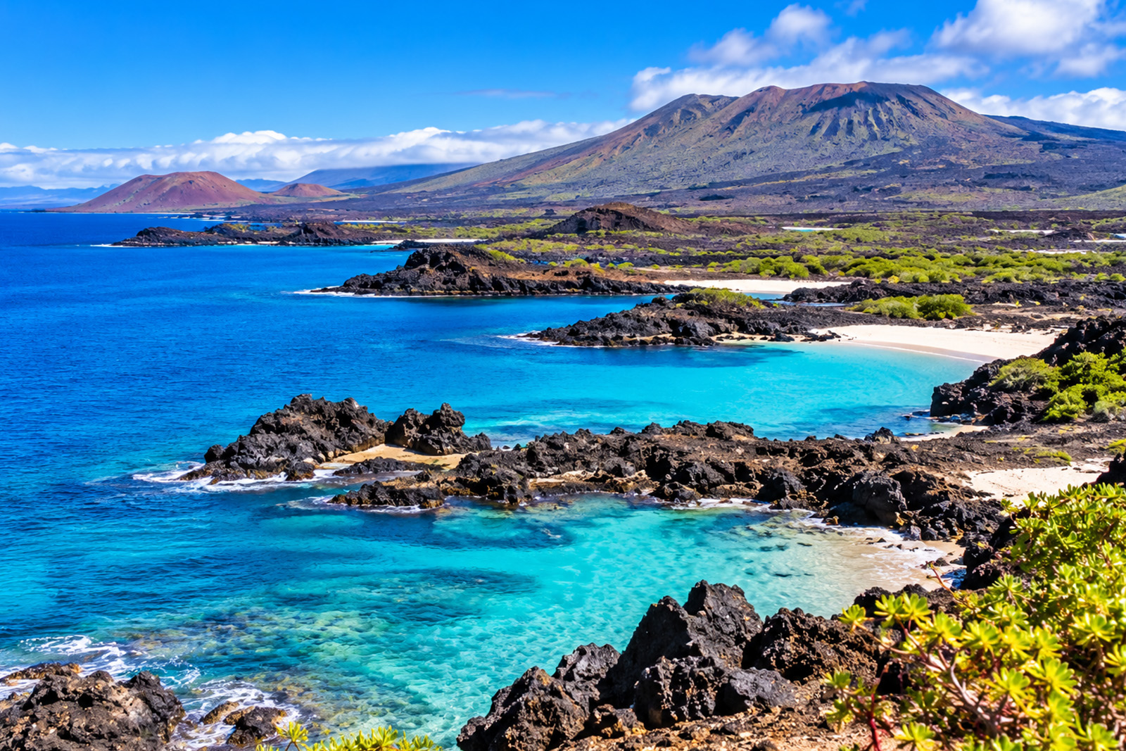Volcanic coastline and tropical scenery on Isabela Island Galapagos