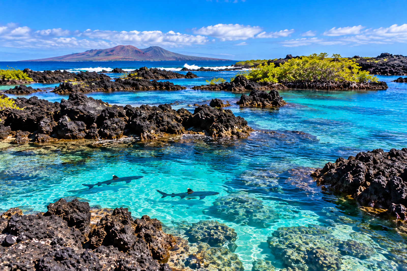 Volcanic lava formations and turquoise water at Las Tintoreras Galapagos