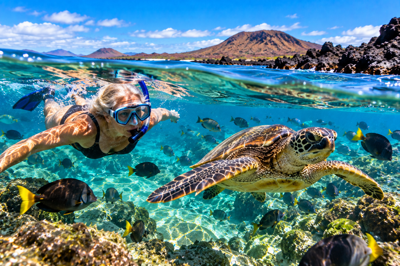 Snorkeling with tropical marine life in the clear waters of the Galapagos Islands