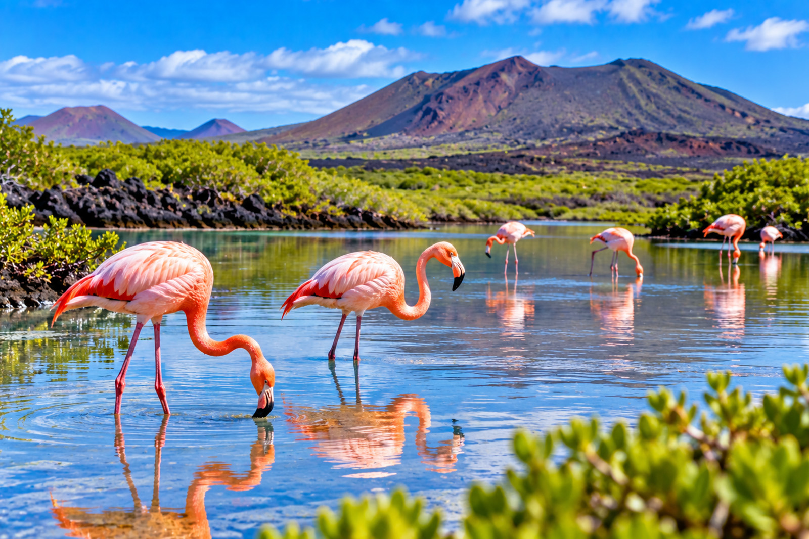 Flamingos in the wetlands of Isabela Island Galapagos