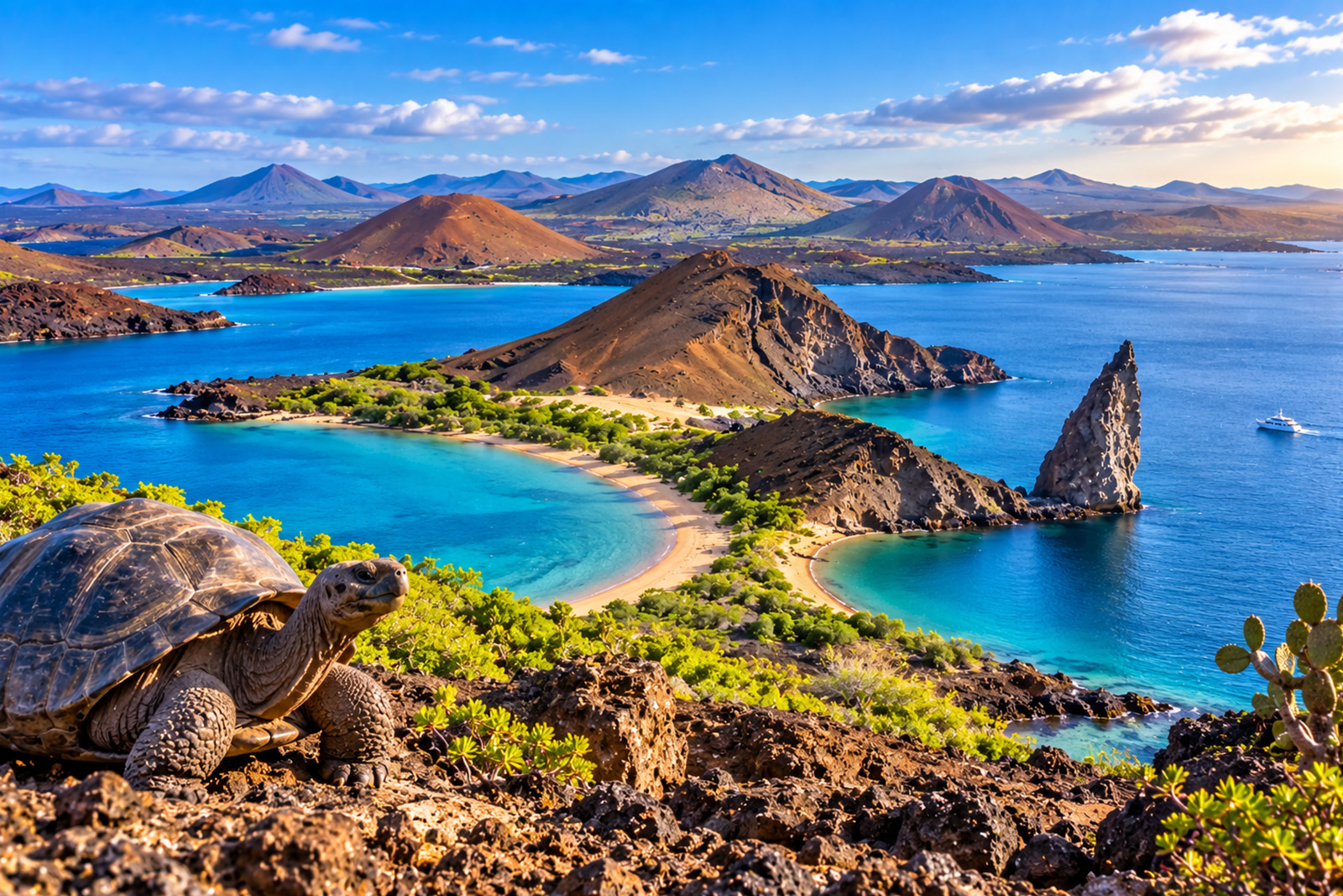 Scenic volcanic coastline and blue ocean in the Galapagos Islands
