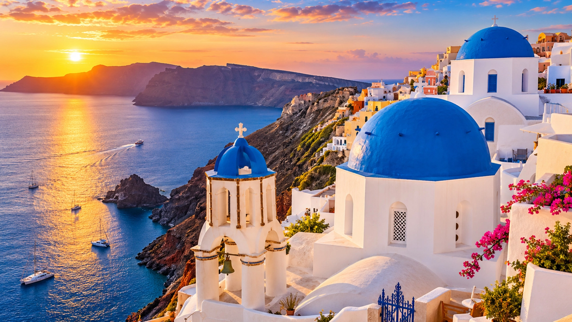 Santorini Oia village with blue-domed churches and breathtaking Aegean Sea views in Greece