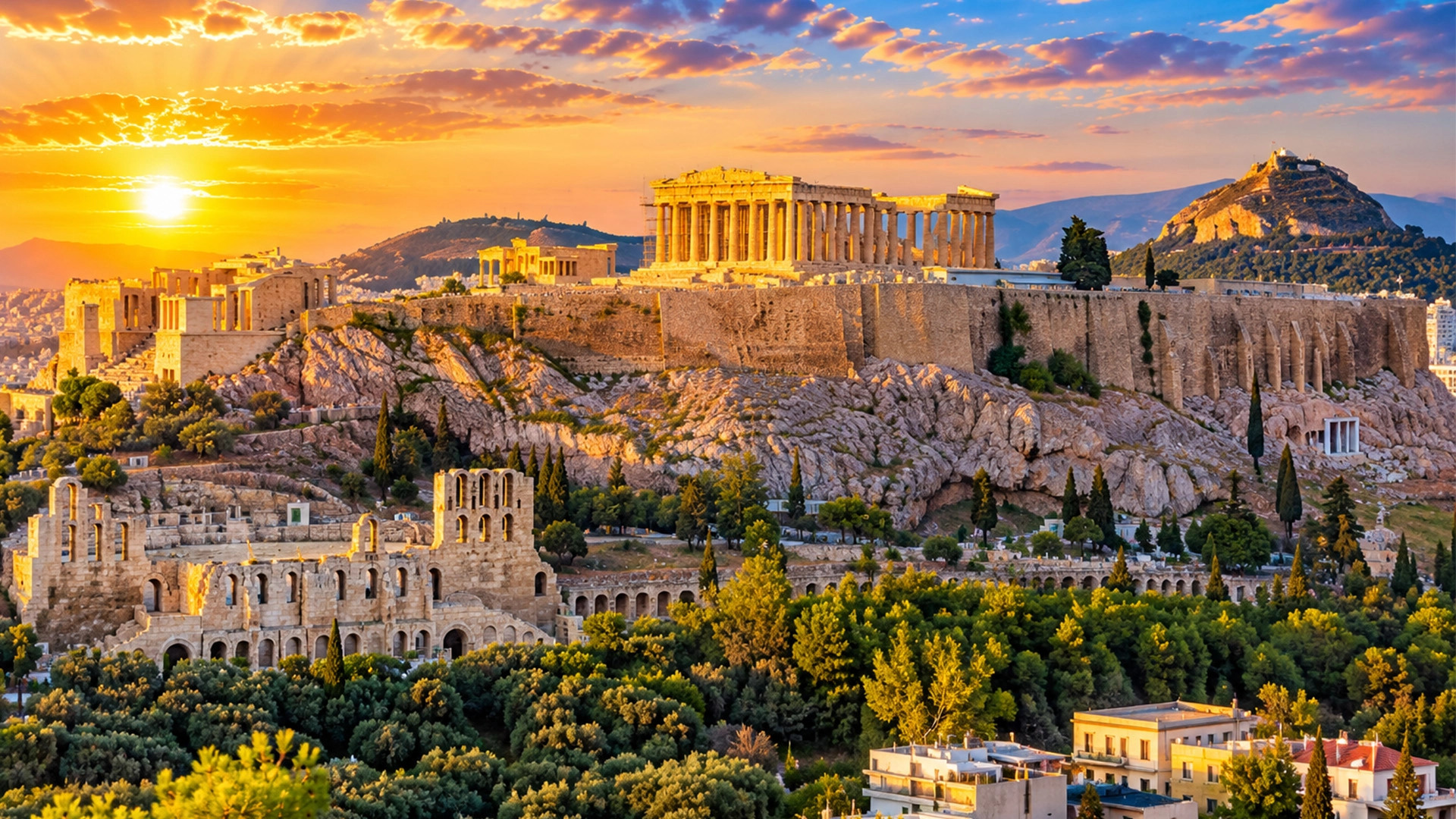 Ancient Acropolis and Parthenon overlooking Athens Greece