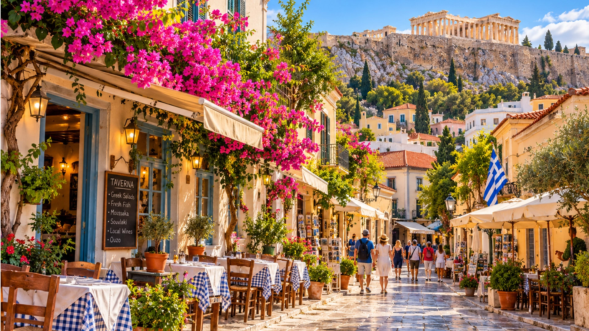 Charming streets and traditional Greek restaurants in Plaka Athens