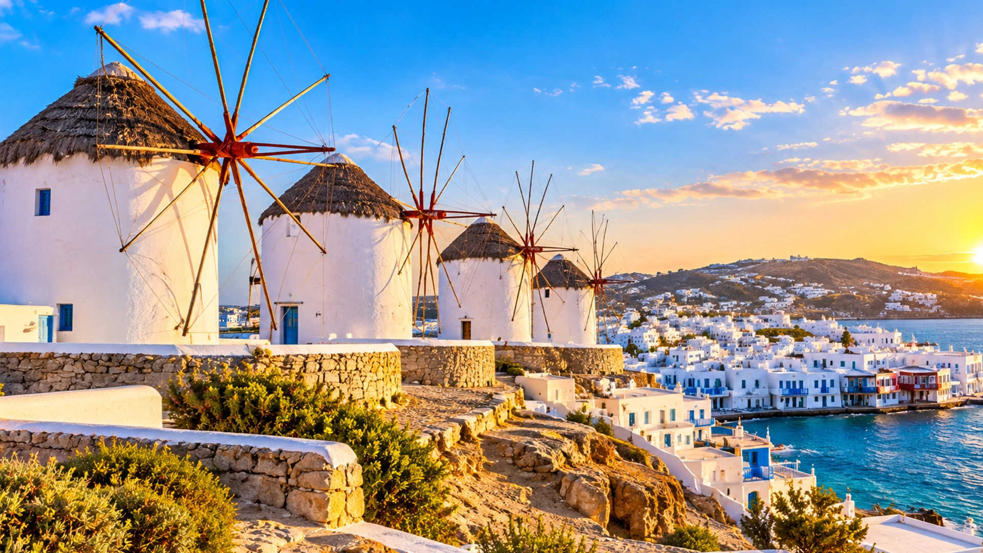 Famous white windmills overlooking Mykonos Town Greece