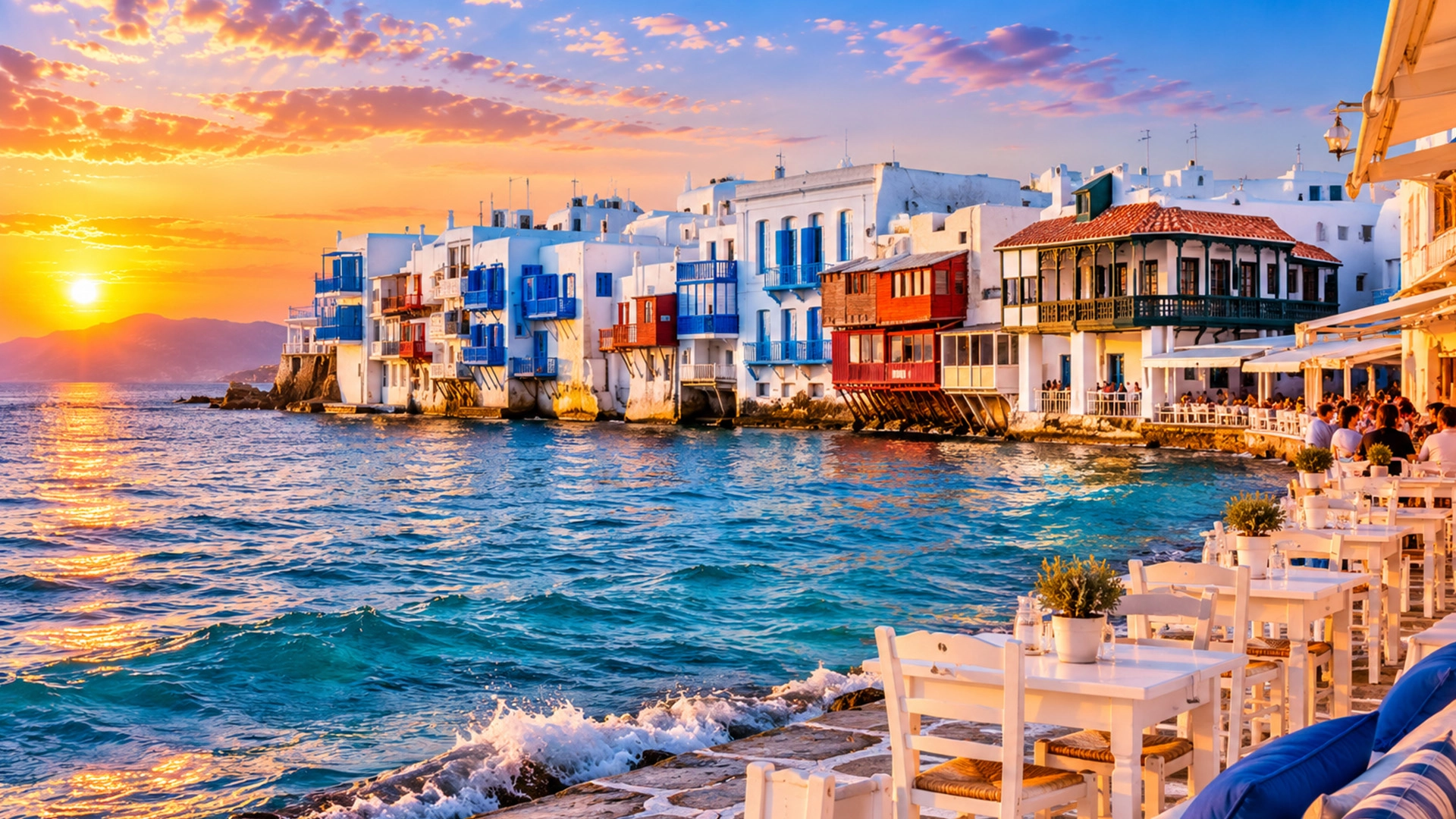 Colorful waterfront houses and seaside restaurants in Little Venice Mykonos