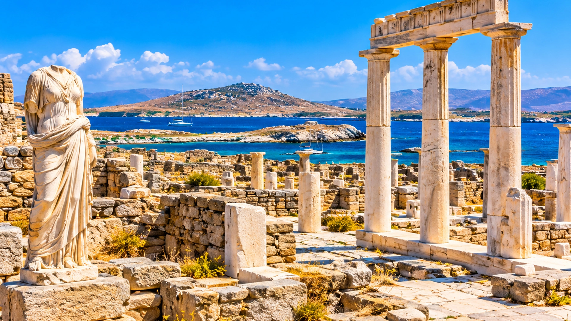 Ancient Greek ruins and archaeological landmarks on Delos Island near Mykonos