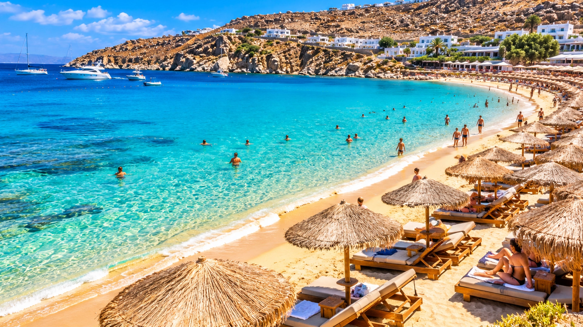 Paradise Beach in Mykonos with golden sand and turquoise Aegean waters