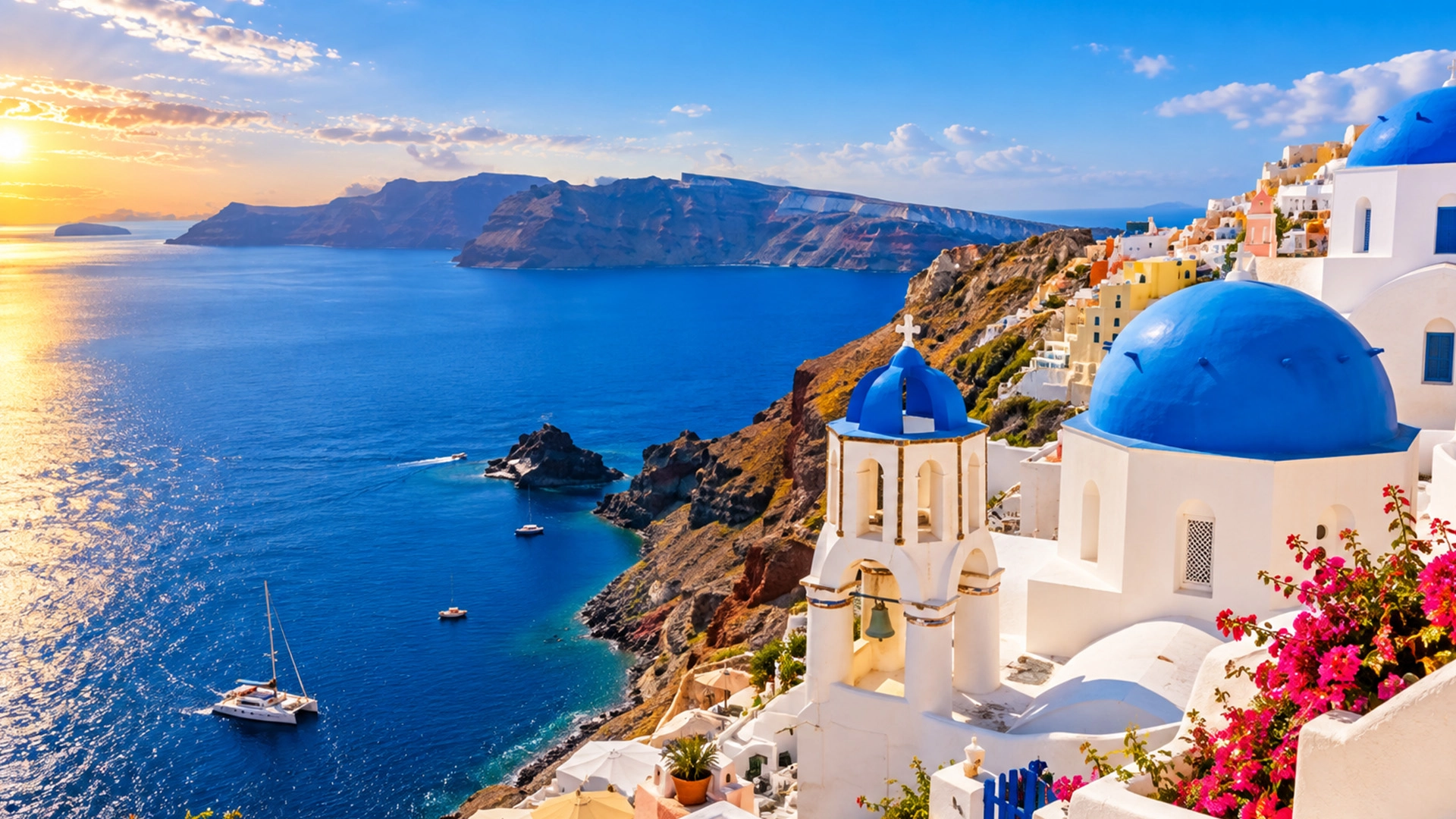 Spectacular volcanic caldera and whitewashed villages in Santorini Greece