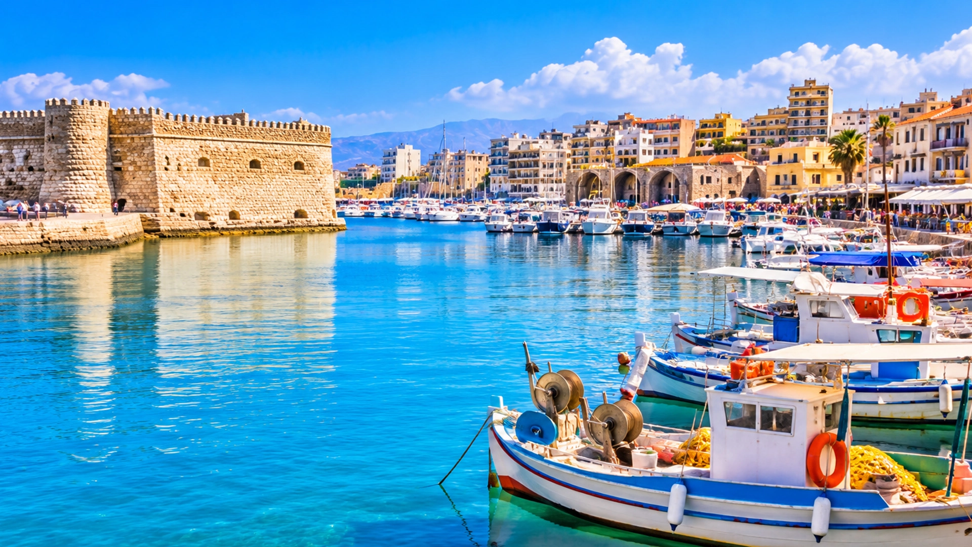 Historic Venetian harbor and Koules Fortress in Heraklion Crete Greece