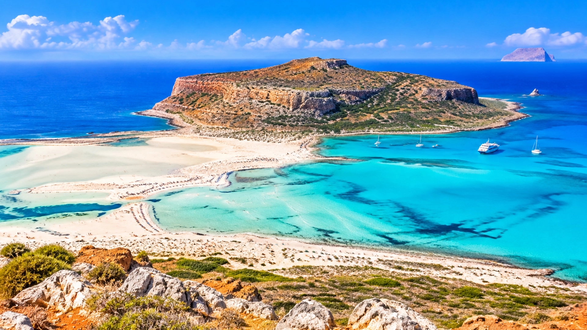 Beautiful Balos Lagoon with turquoise Mediterranean waters and white sandy beaches in Crete Greece