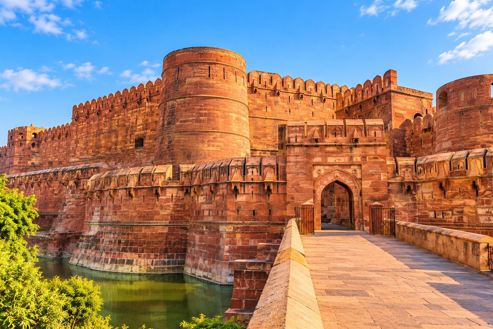Historic red sandstone architecture of Agra Fort in India