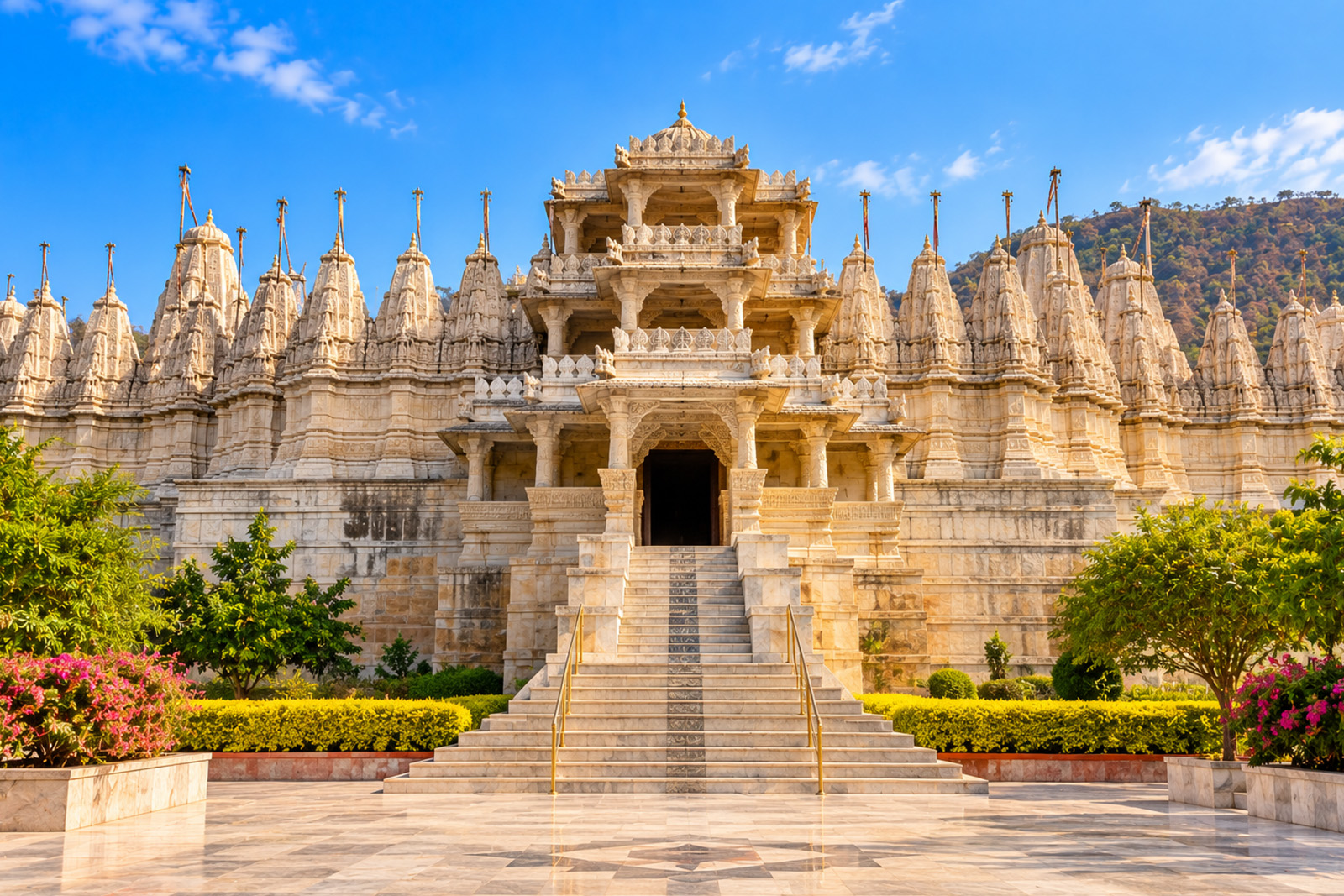 Intricate white marble architecture of the Jain Temple at Ranakpur India