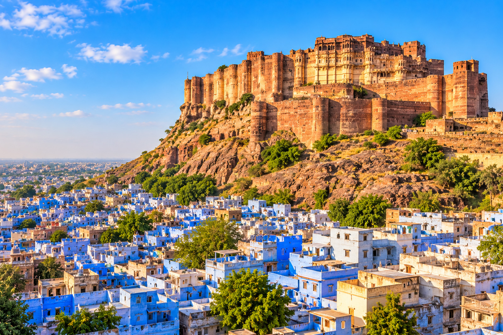 Blue houses of Jodhpur beneath Mehrangarh Fort in Rajasthan India