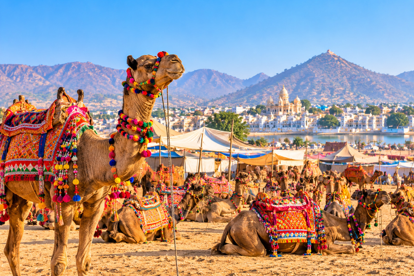 Colorful Pushkar Camel Fair with camels and traditional Rajasthan culture