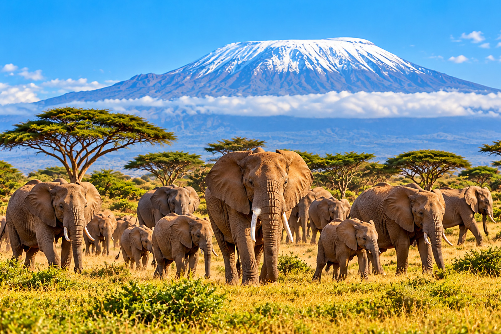 Large herd of African elephants roaming the grasslands of Amboseli National Park Kenya