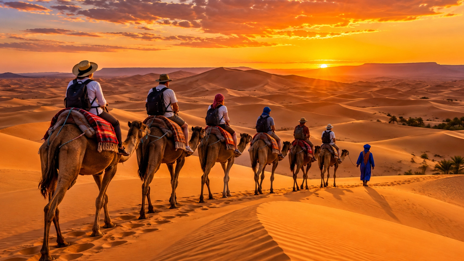 Golden Sahara Desert sand dunes and camel caravan in Merzouga Morocco