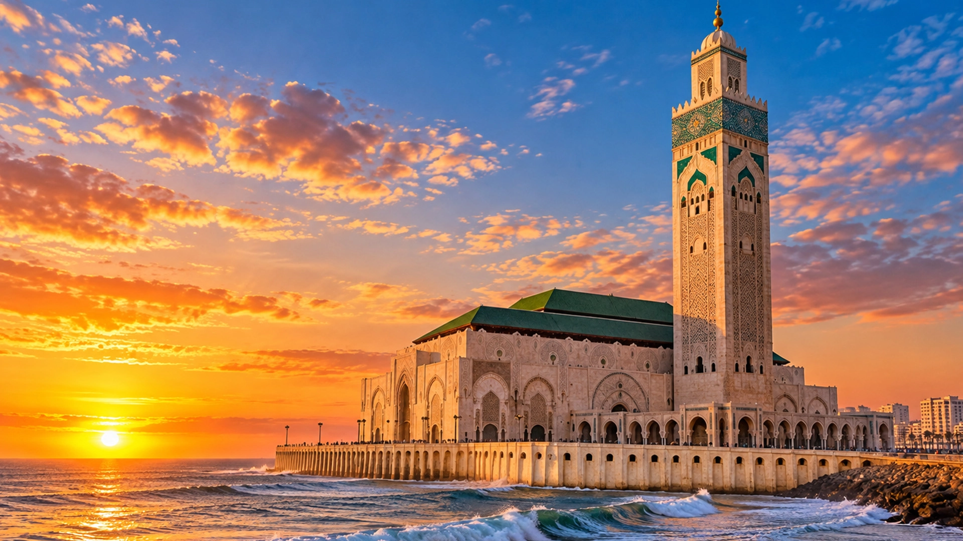Magnificent Hassan II Mosque overlooking the Atlantic Ocean in Casablanca Morocco