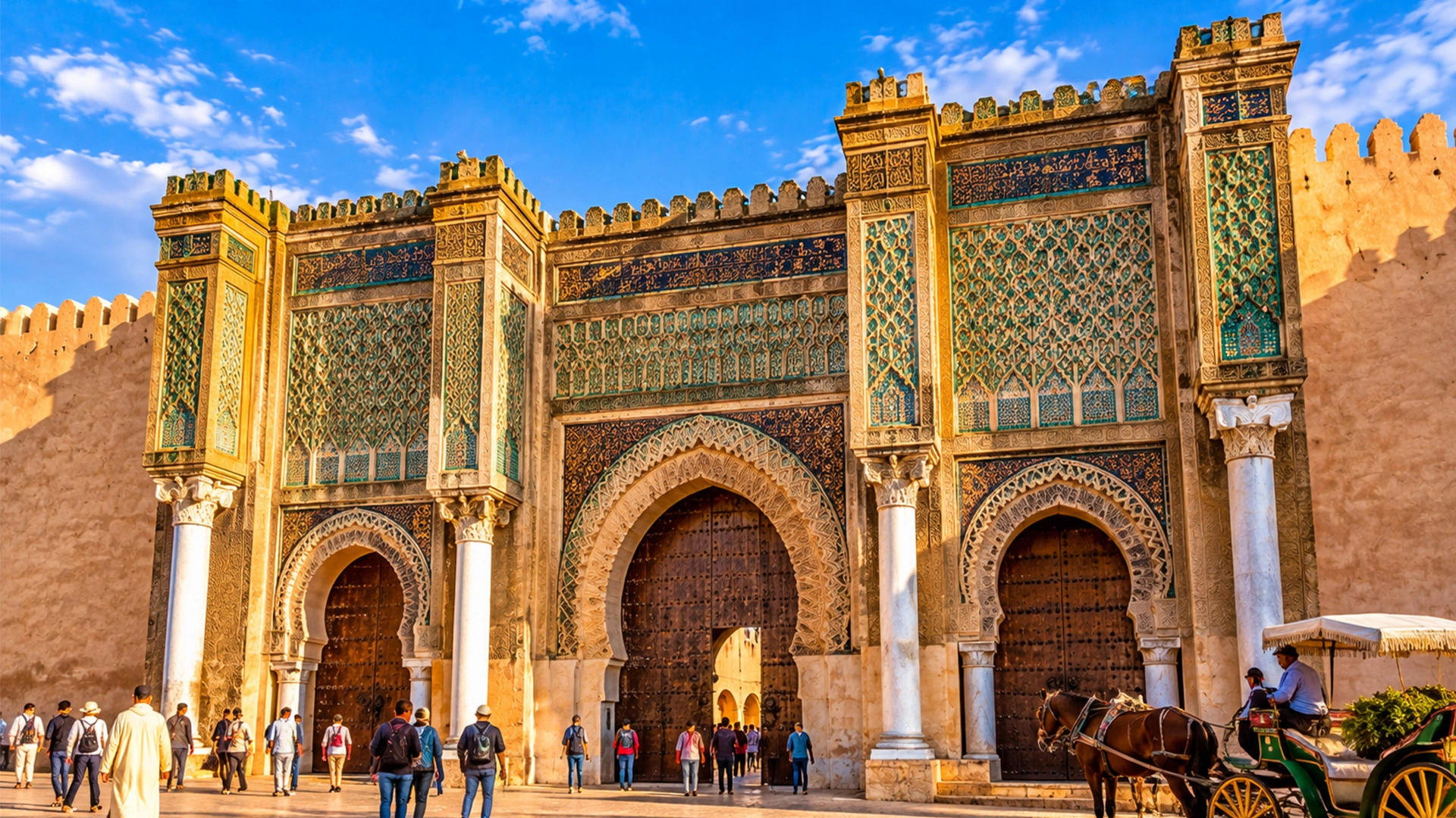 Ornate Bab Mansour Gate with traditional Moroccan tilework in Meknes