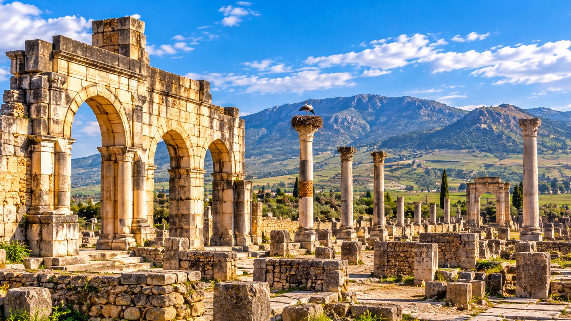 Ancient Roman columns and archaeological ruins at Volubilis Morocco