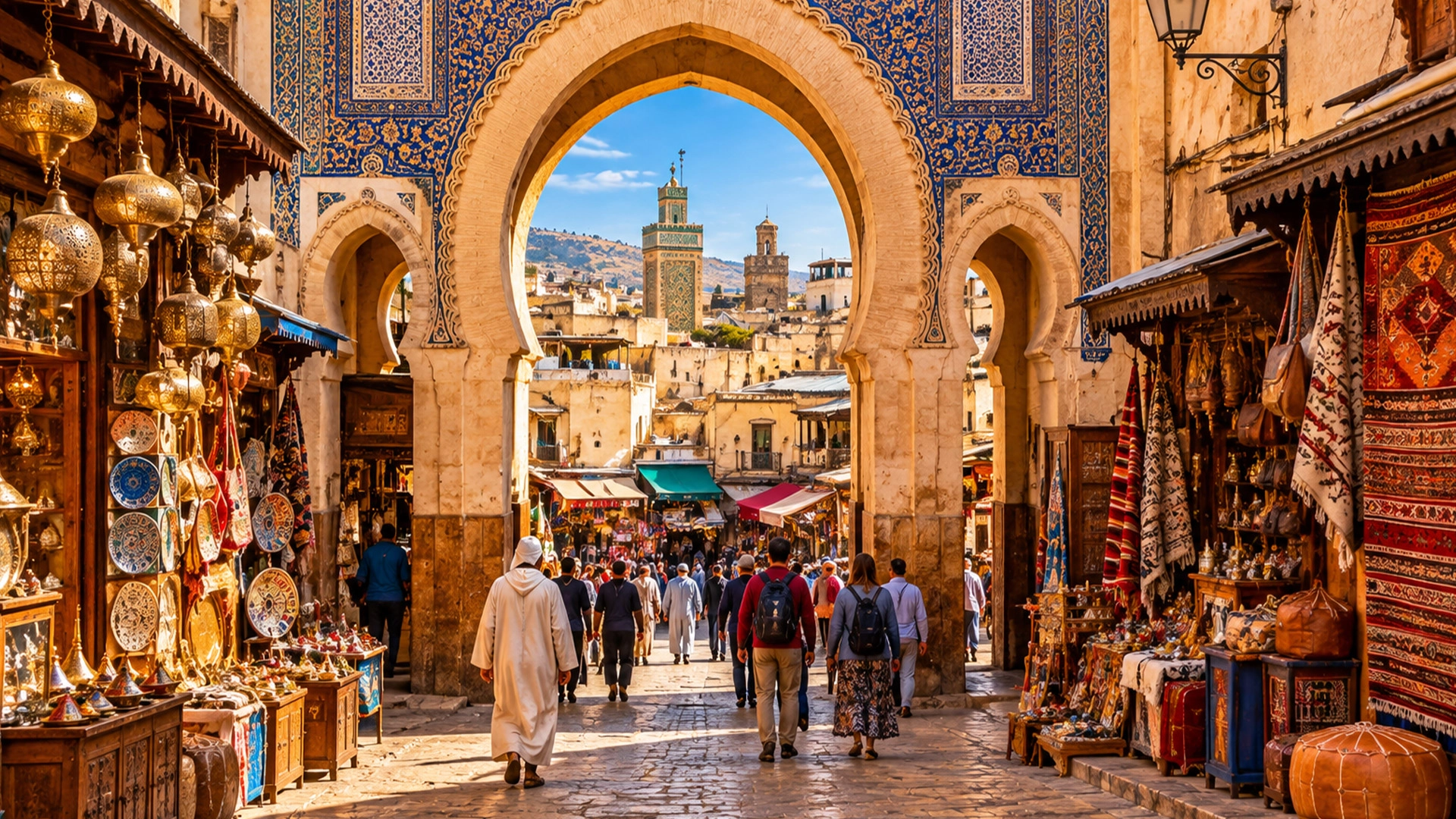 Historic Medina of Fez with colorful Moroccan markets and traditional architecture