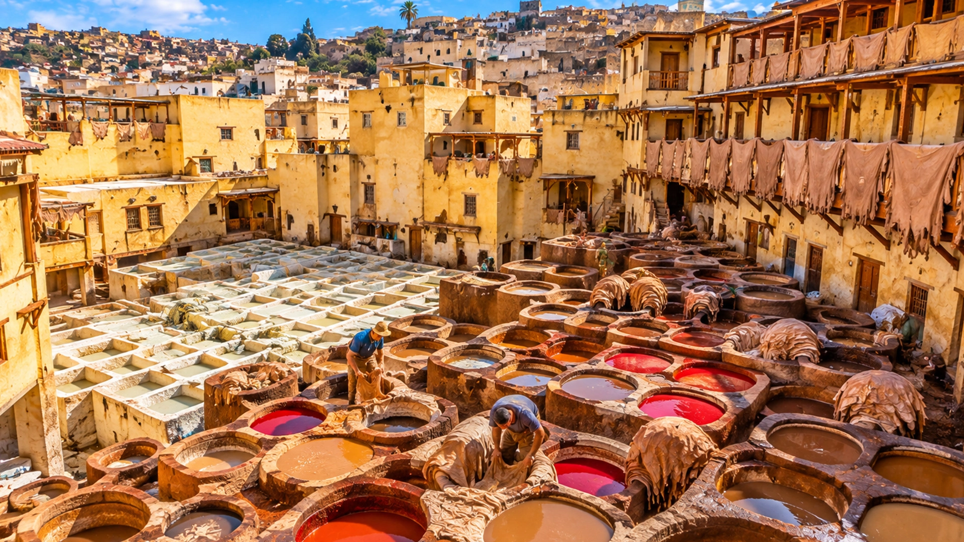 Traditional colorful leather dyeing vats at the historic tanneries in Fez Morocco