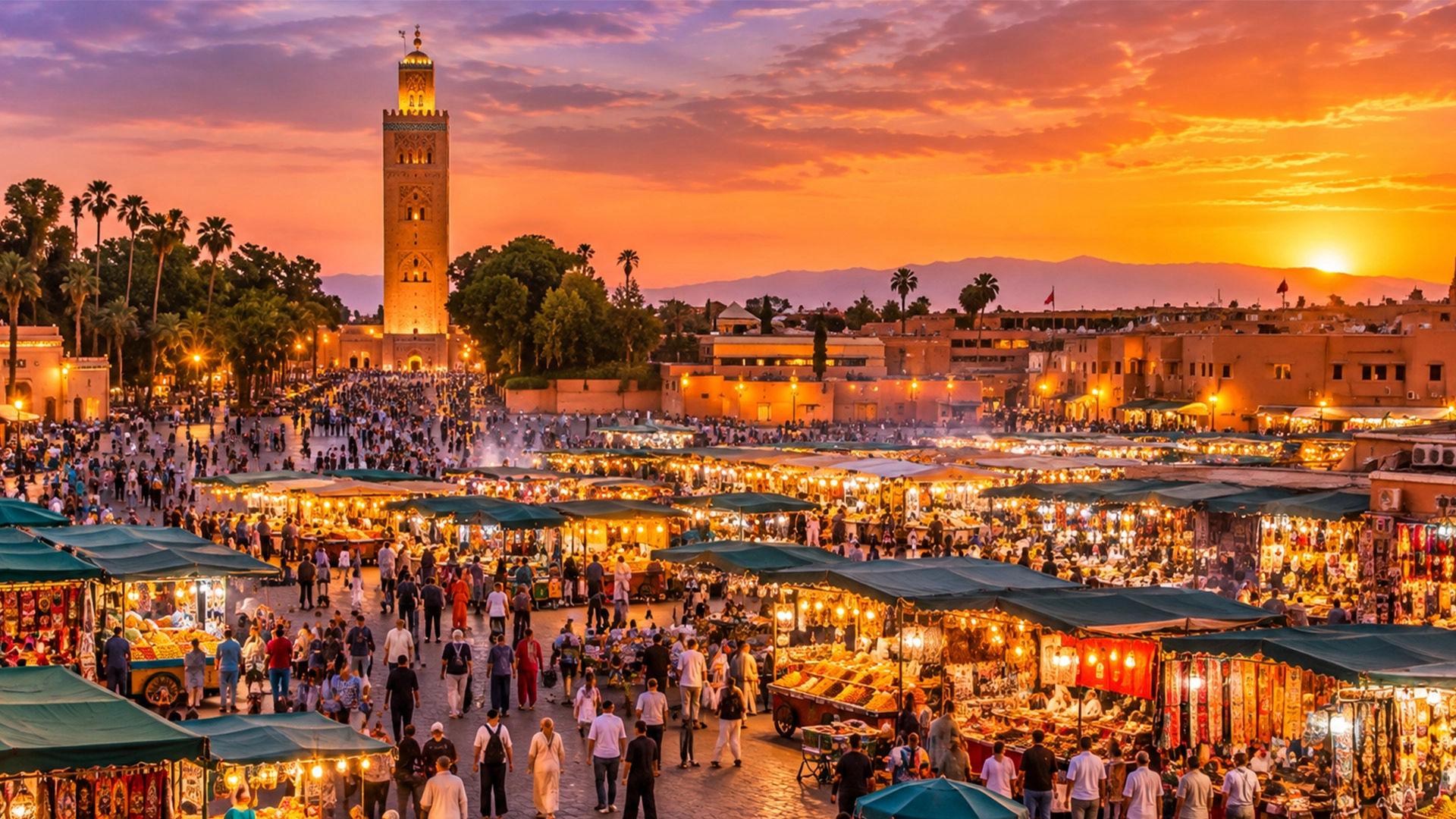 Bustling Jemaa el-Fnaa Square with traditional market stalls and Koutoubia Mosque in Marrakech Morocco