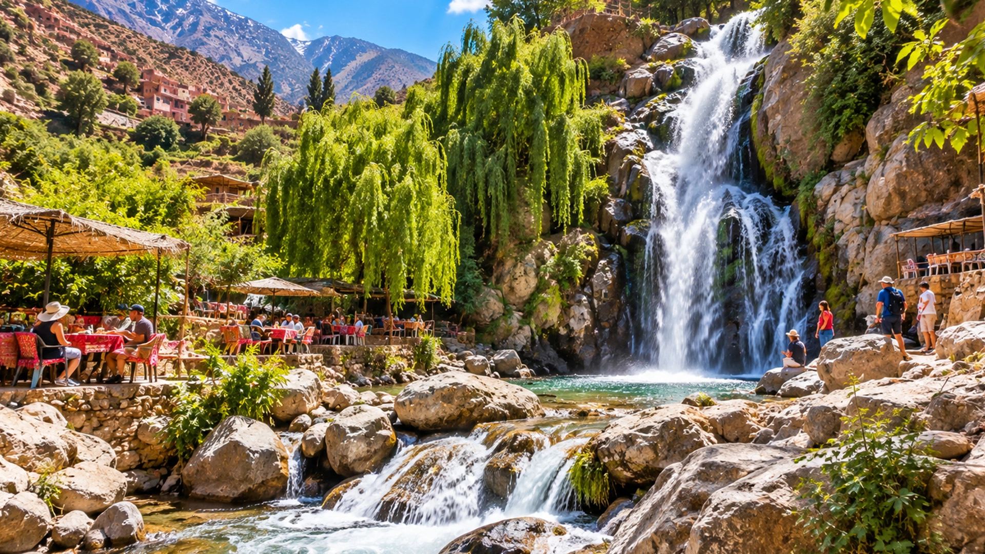 Beautiful Ourika Valley with waterfalls, rivers and traditional villages in the Atlas Mountains Morocco