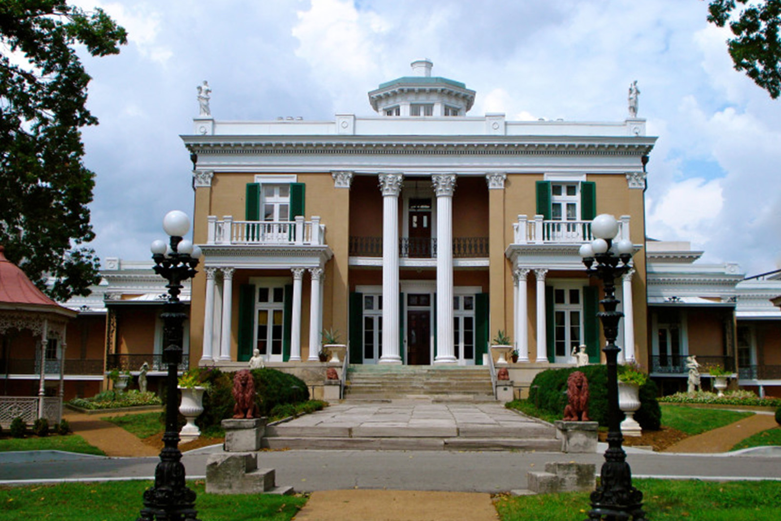 Beautiful historic Belmont Mansion in Nashville Tennessee surrounded by landscaped gardens and elegant architecture