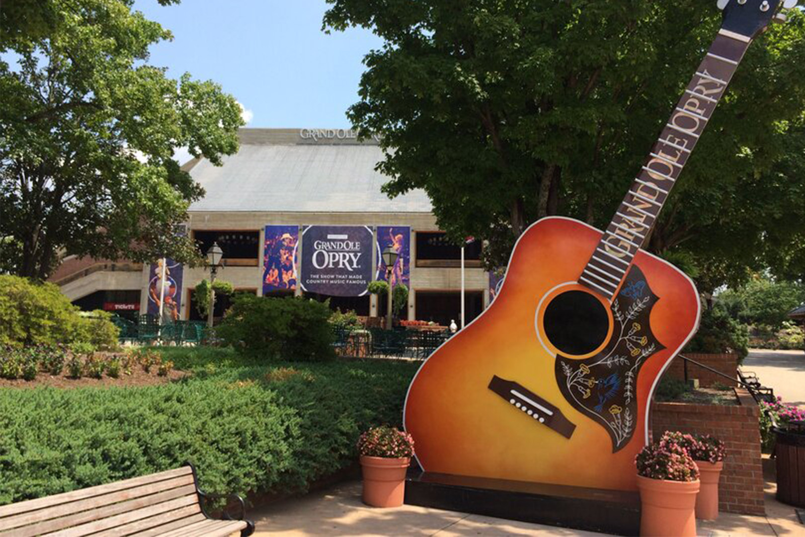 Iconic Grand Ole Opry House in Nashville Tennessee illuminated at night with its famous entrance and country music heritage