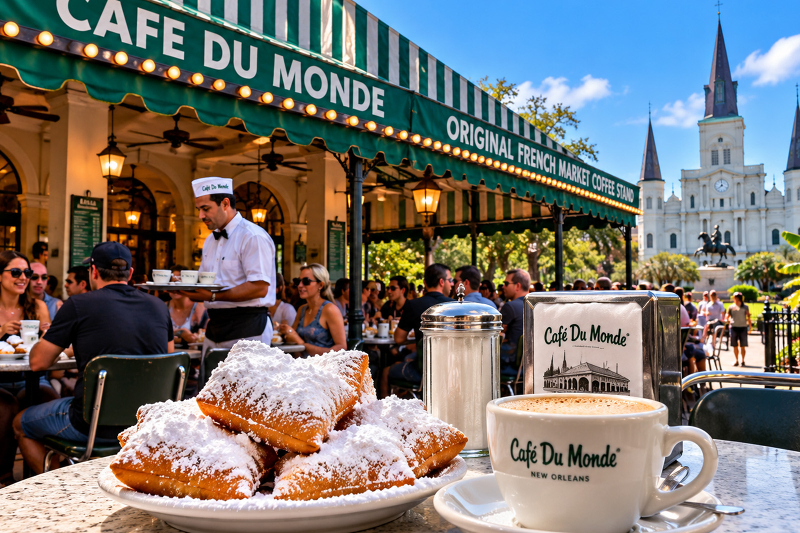 Famous Cafe du Monde in New Orleans serving traditional powdered sugar beignets and chicory coffee