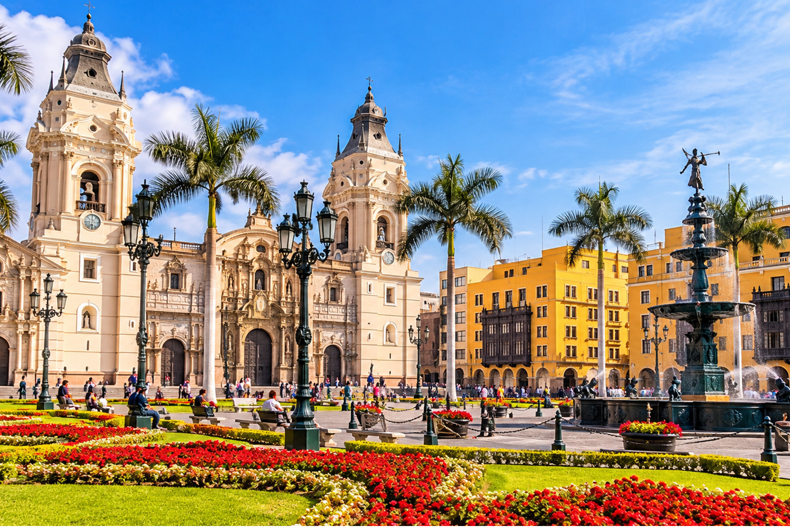 Historic Plaza Mayor in Lima Peru featuring beautiful colonial architecture and the Cathedral of Lima