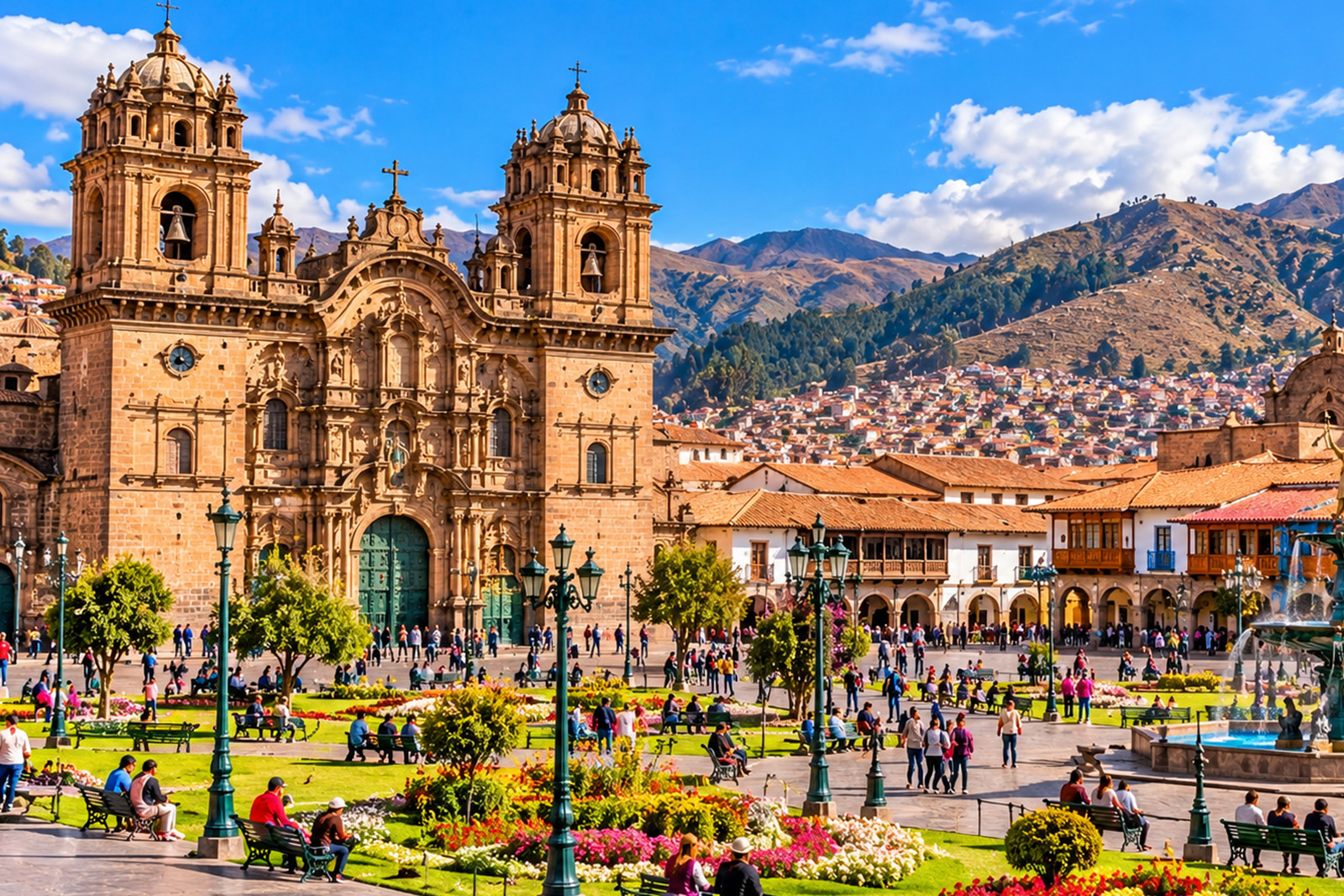 Beautiful Plaza de Armas in historic Cusco Peru with colonial churches and surrounding Andean mountains