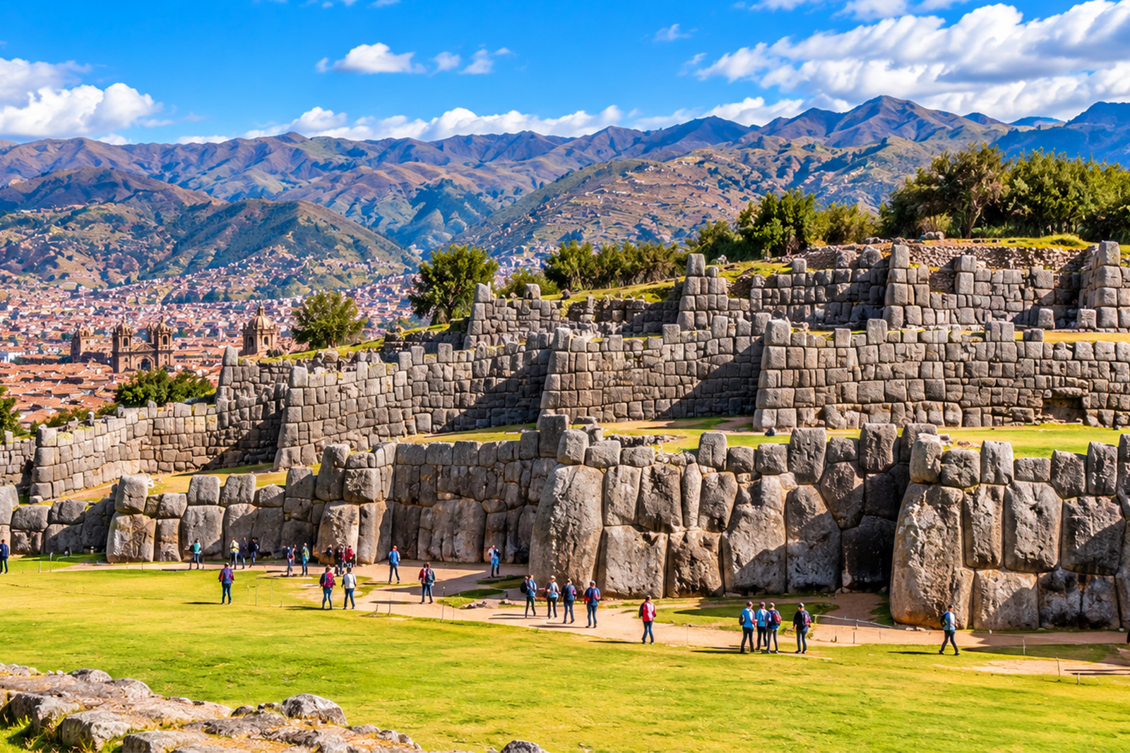 Massive ancient Inca stone walls at Sacsayhuaman archaeological fortress overlooking Cusco Peru