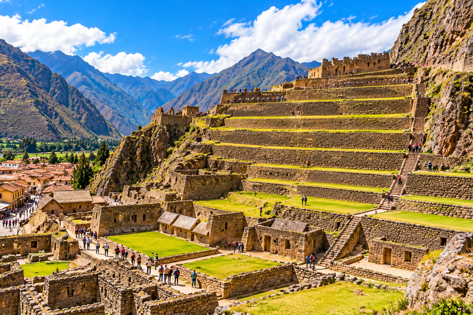 Ancient Inca terraces and stone structures at Ollantaytambo archaeological site in the Sacred Valley Peru