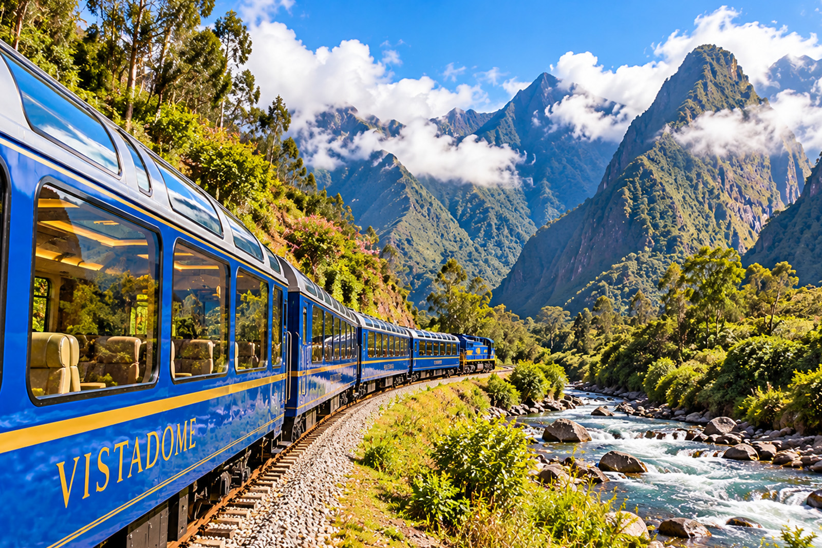 Scenic Vistadome train traveling through the beautiful Urubamba Valley toward Machu Picchu Peru