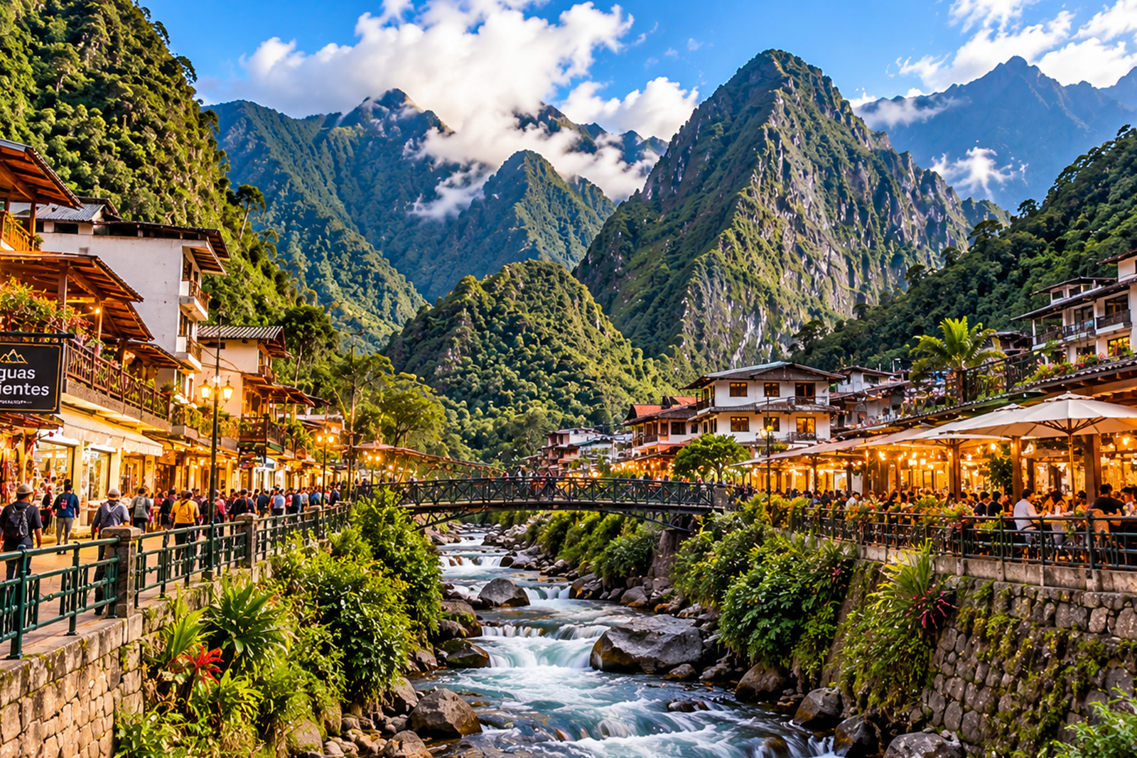Picturesque Aguas Calientes village surrounded by lush green mountains near Machu Picchu Peru