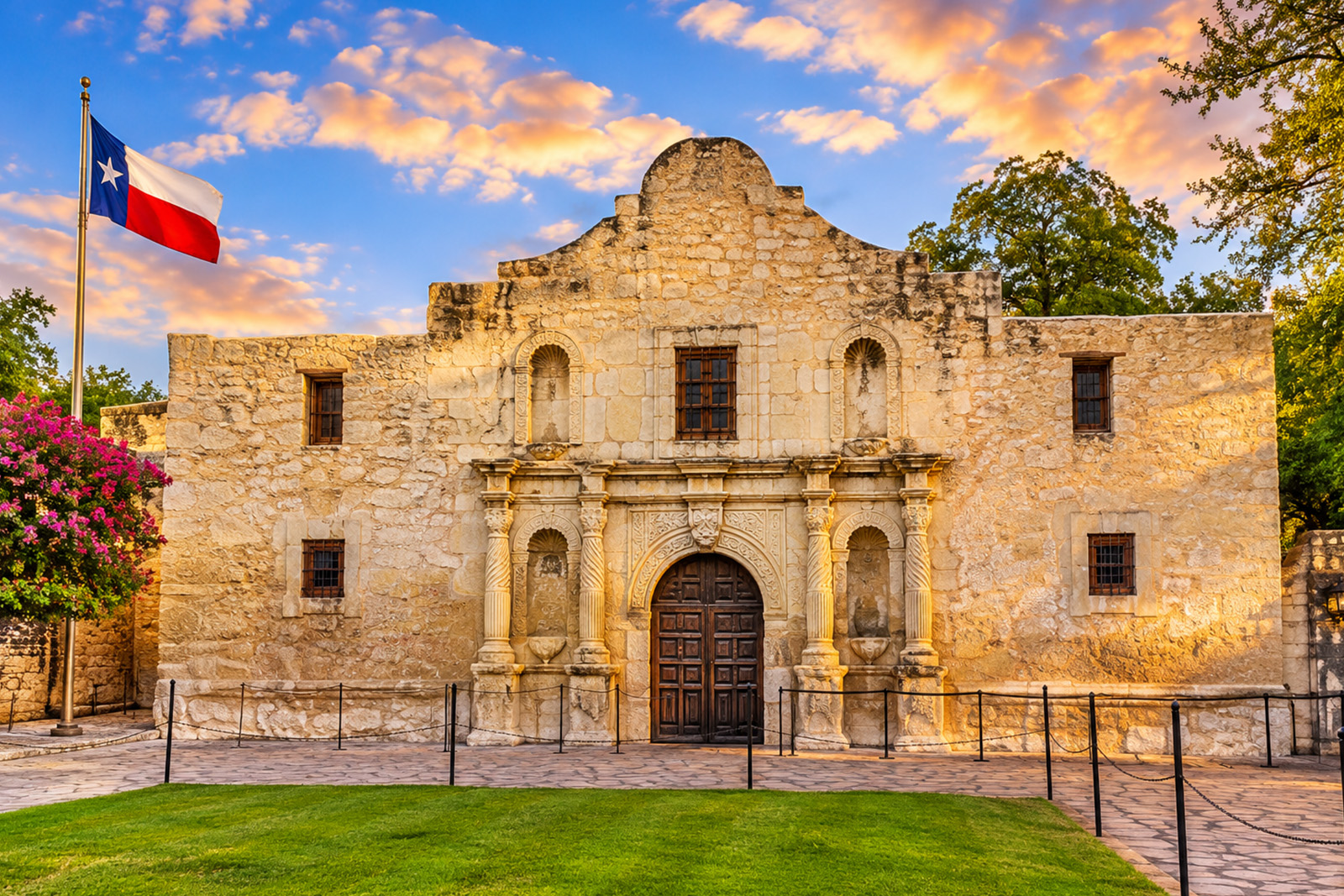 Historic Alamo mission in downtown San Antonio Texas featuring its famous limestone facade and Spanish colonial architecture