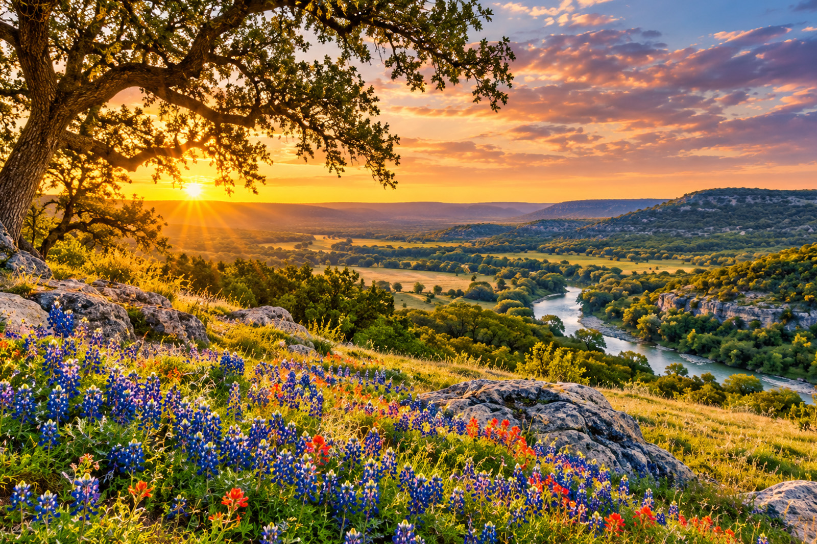 Beautiful Texas Hill Country landscape featuring rolling green hills, winding country roads and scenic countryside near San Antonio