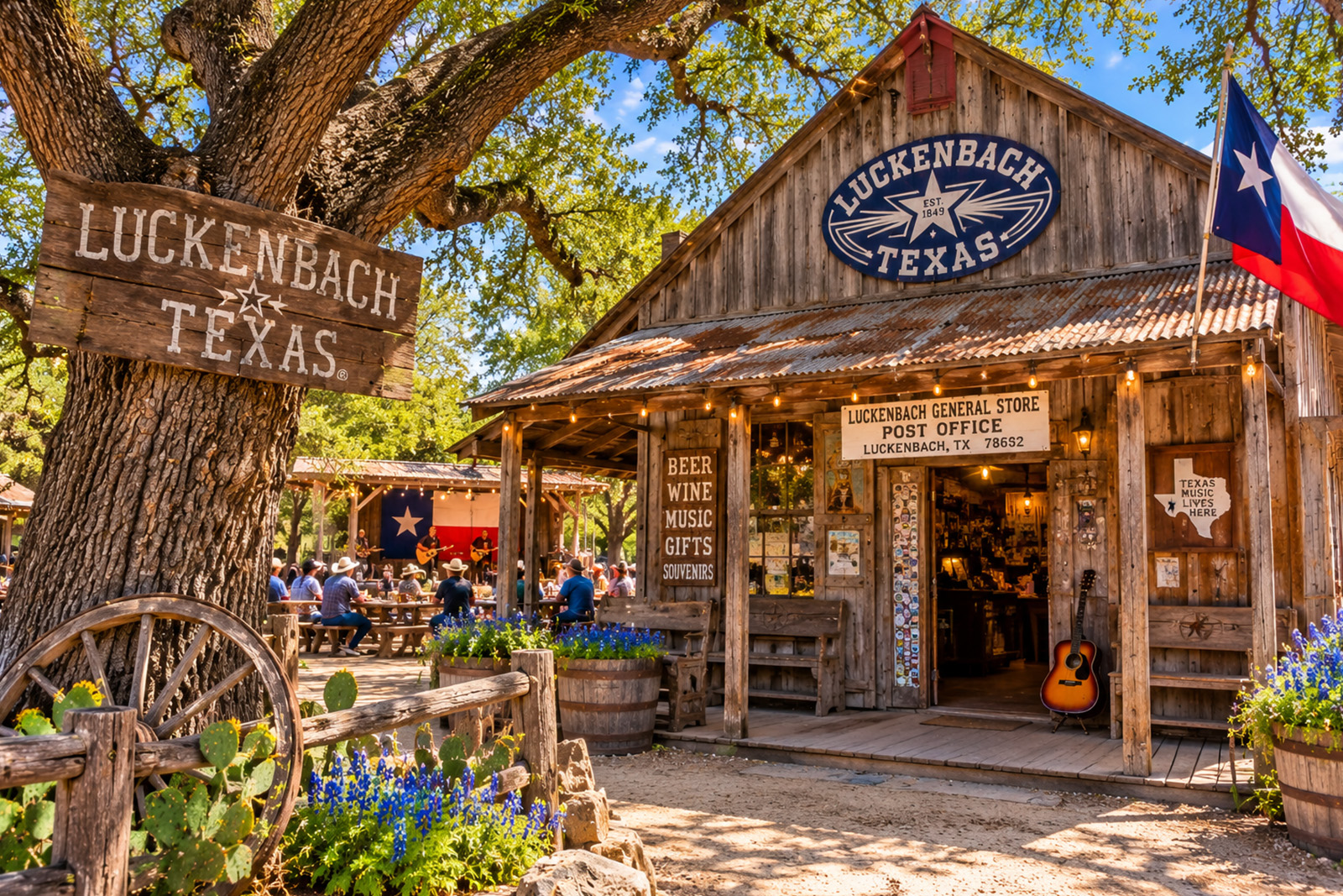 Historic Luckenbach Texas country music destination featuring rustic wooden buildings and authentic Texas Hill Country atmosphere
