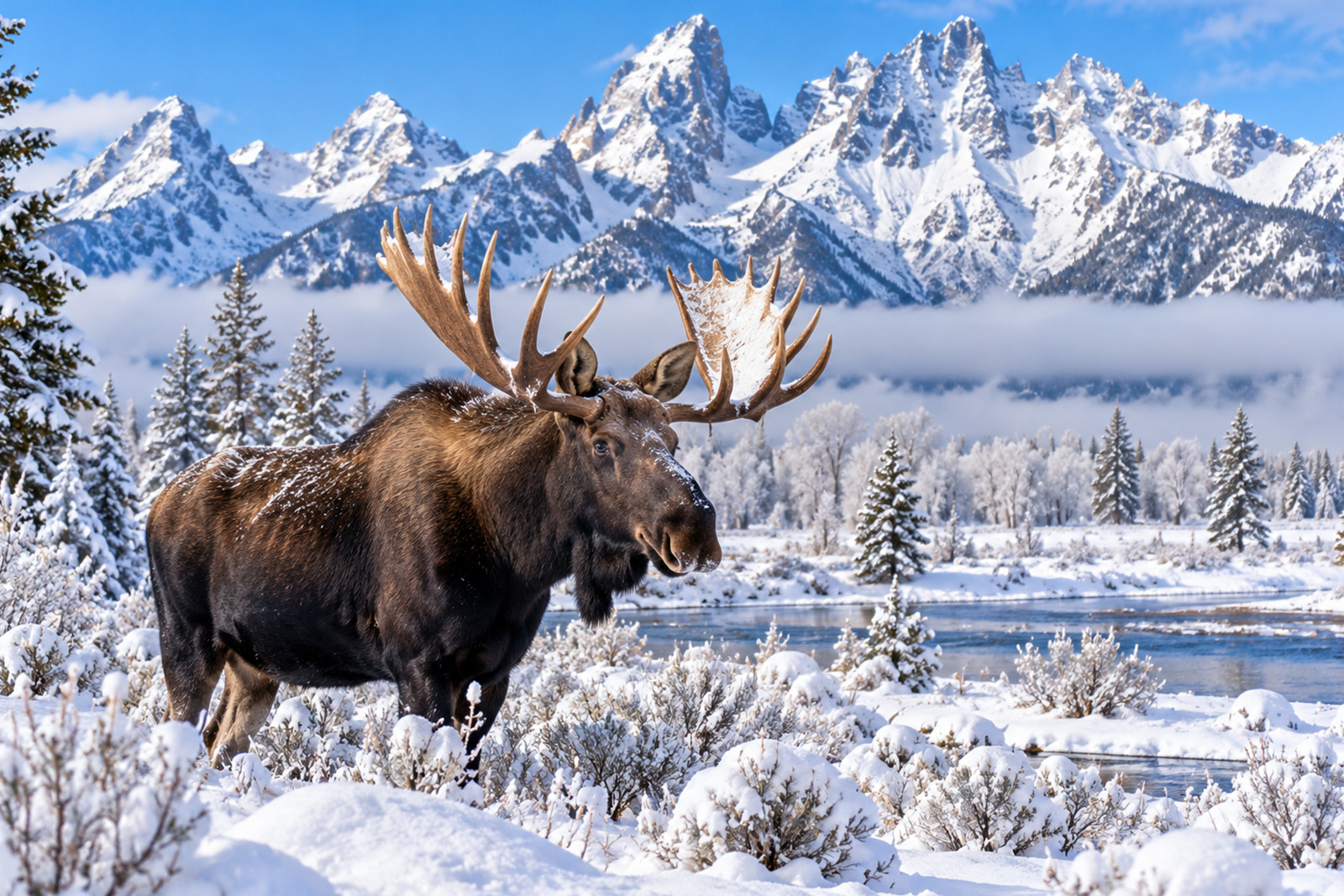 Majestic moose standing among snow-covered trees in Grand Teton National Park Wyoming