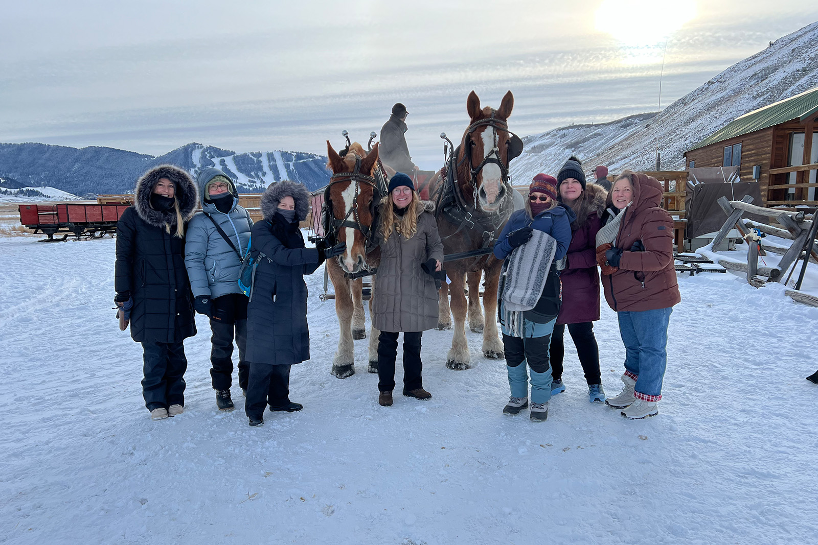 Traditional horse-drawn sleigh carrying visitors through the snowy National Elk Refuge near Jackson Wyoming