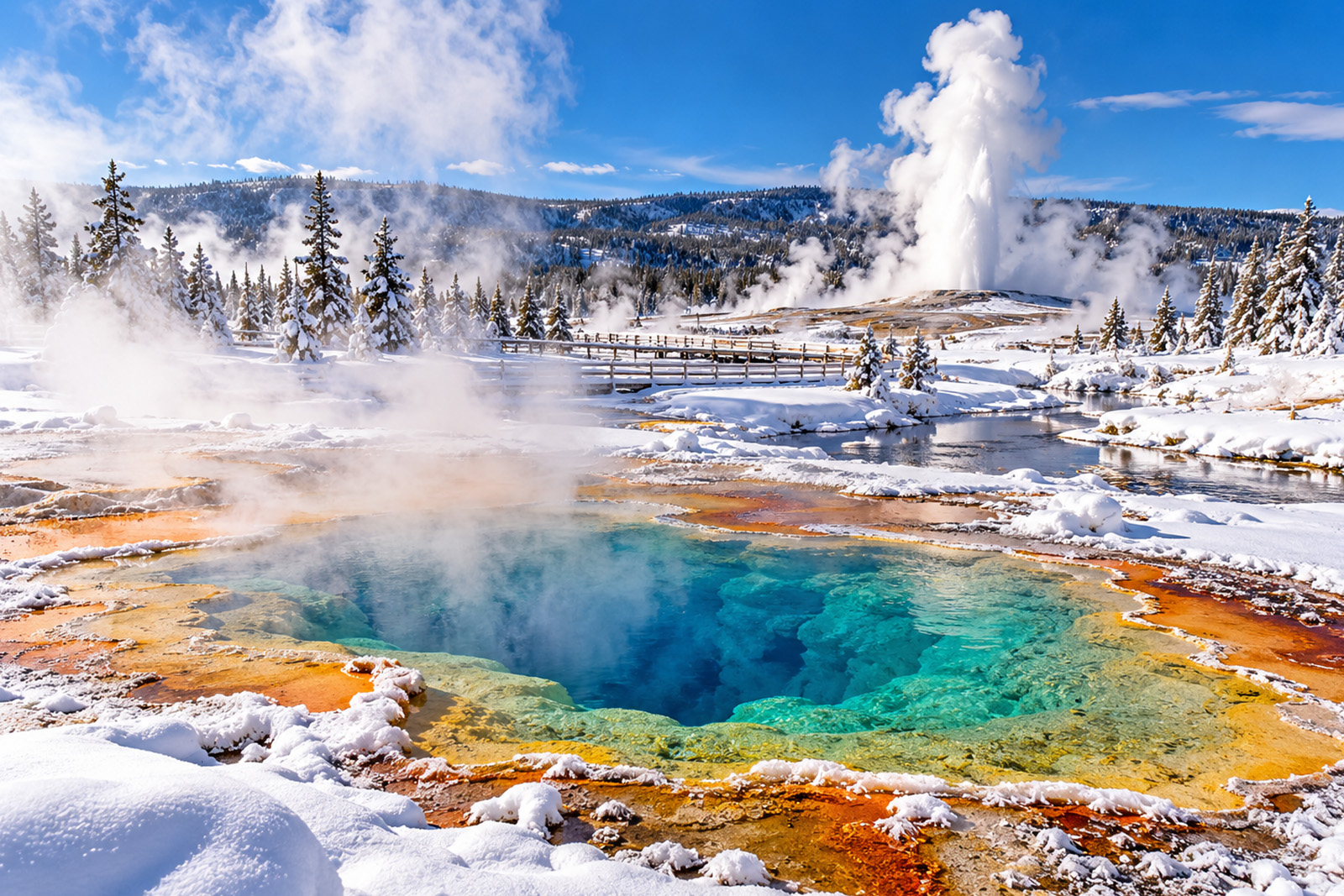 Steaming geothermal pools and colorful thermal features surrounded by snow in Yellowstone National Park
